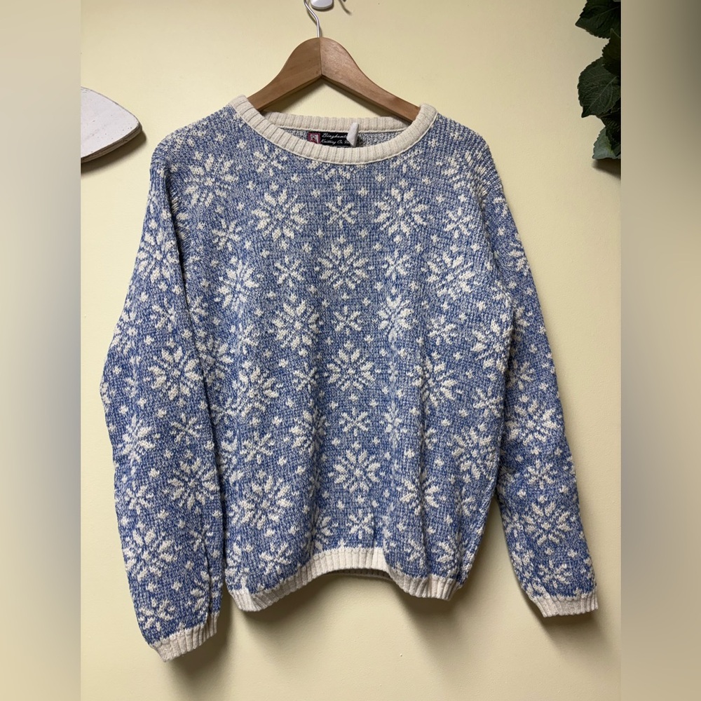 Vintage Binghamton Knitting Chunky Slub Knit Snowflake Sweater Blue/Cream Large